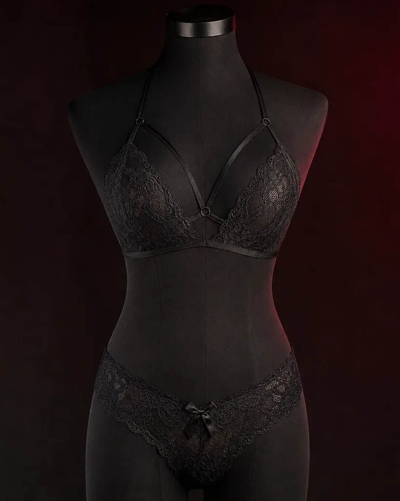Wine colored open cup lace bra and brief on a dress form against dark velvet