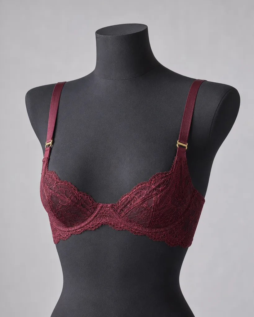 Adult woman in a black lace quarter cup bra with a satin robe slipping from one shoulder