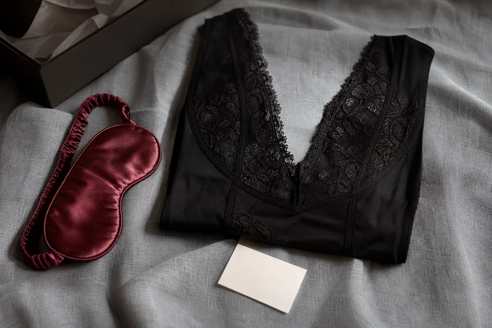 A Le Secret monthly box opened on black satin, a folded lace piece inside tissue