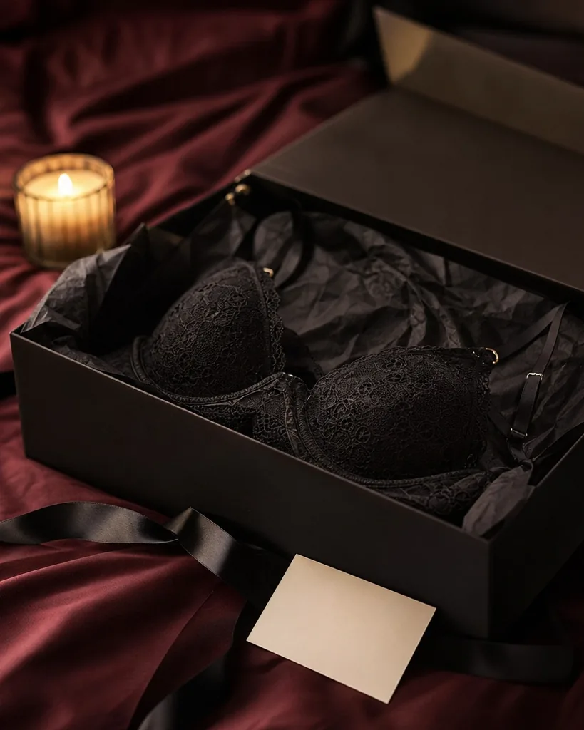 Open black gift box on bordeaux satin sheets with a folded black lace lingerie set and an untied satin ribbon